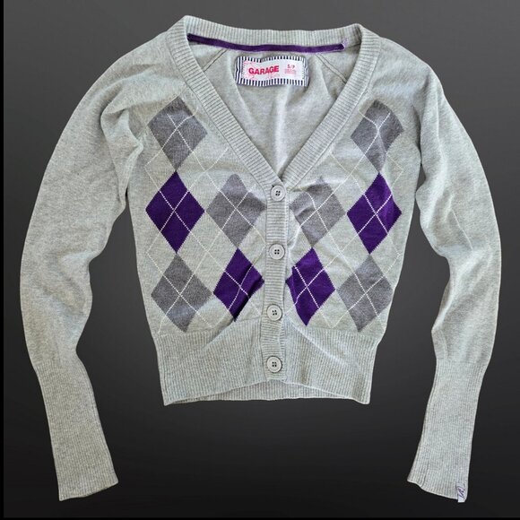 Y2K Cropped Argyle Cardigan Size S Preppy Academia Gray Purple Long Sleeve Slim - Picture 1 of 7